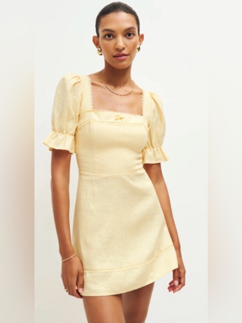 Reformation Evianna Linen Puff Sleeve Mini Dress Yellow Size 0